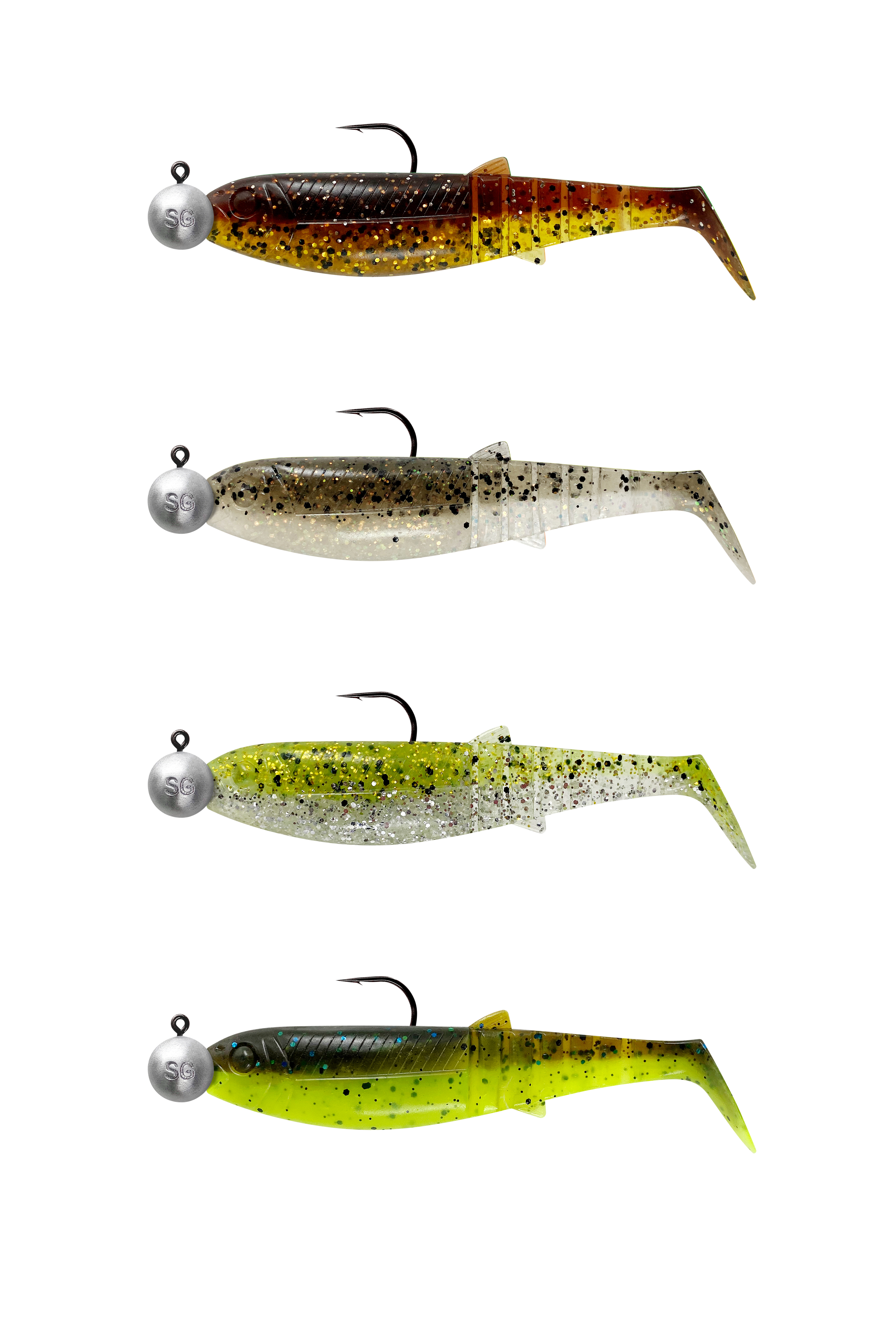Savage Gear Cannibal Shad 10 cm [9 g] + jiggskalle 10 g med 3/0 krok clear water mix 4+4-pack