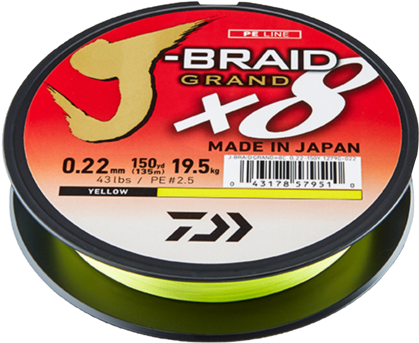 Daiwa J-Braid Grand X8 flätlina gul 19 lb/8.1 kg 0.130 mm x 135 m