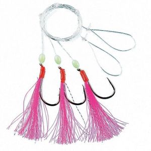 Fladen Pink feather jig with luminous bead & 3 hooks 