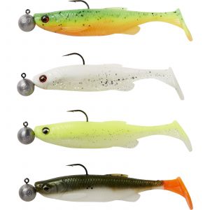Savage Gear Fat Minnow T-Tail RTF 7.5 cm [5 g] + 7.5 g jiggskalle med 1/0 krok dark water mix 4+4-pack