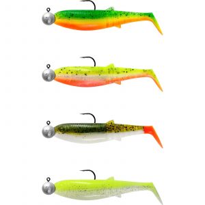 Savage Gear Cannibal Shad 8 cm [5 g] + jiggskalle 7.5 g med 2/0 krok dark water mix 4+4-pack