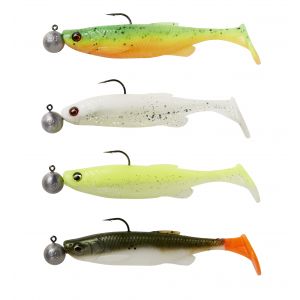 Savage Gear Fat Minnow T-Tail RTF 13 cm [20 g] + 12.5 g jiggskalle med 5/0 krok dark water mix 4+4-pack