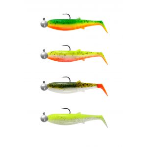 Savage Gear Cannibal Shad 10 cm [9 g] + jiggskalle 10 g med 3/0 krok dark water mix 4+4-pack