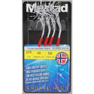 Mustad Tinsel Mackerel Trace med 3/0 krok silver/röd 4-pack